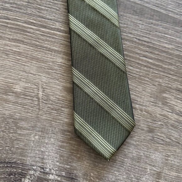 Calvin Klein Olive Green Striped Slim Silk Tie - Picture 3 of 5